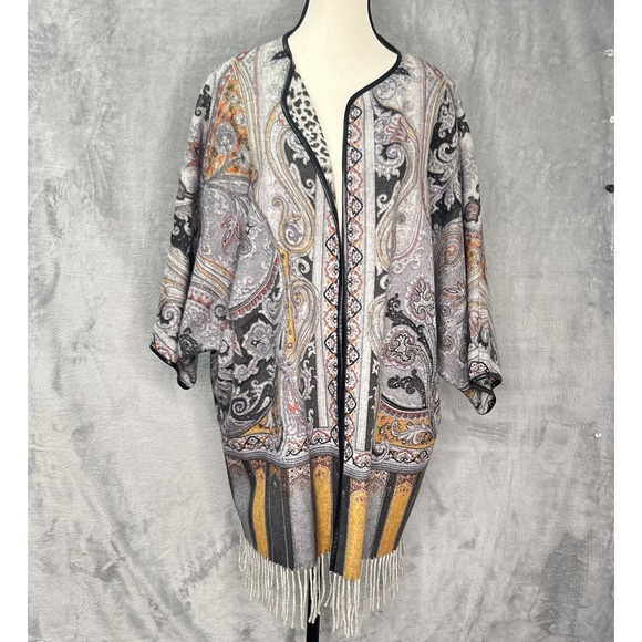 J. McLaughlin Gia Reversible Open Front Wool Poncho Fringe M/L Faux Leather Trim - Picture 1 of 14